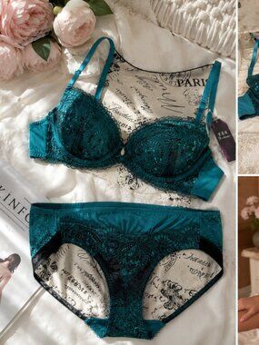 Teal Lace Lingerie Set Bra Panty M 34B Underwire Embroidered Matching Intimates